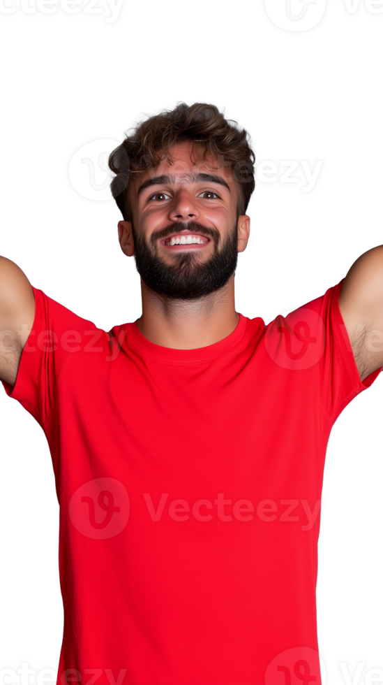 Smiling man in red shirt raising arms in triumph on transparent background, joyful and confident pose png