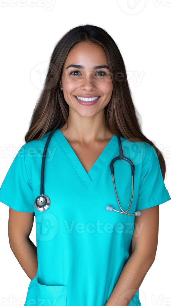 Smiling female doctor in turquoise scrubs posing on transparent background, professional and cheerful png