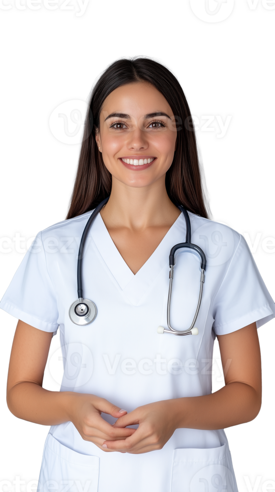 Smiling female doctor in white coat with stethoscope on transparent background, professional and cheerful png