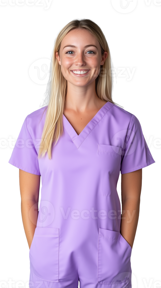 Smiling female nurse in purple scrubs on transparent background, professional and cheerful expression png
