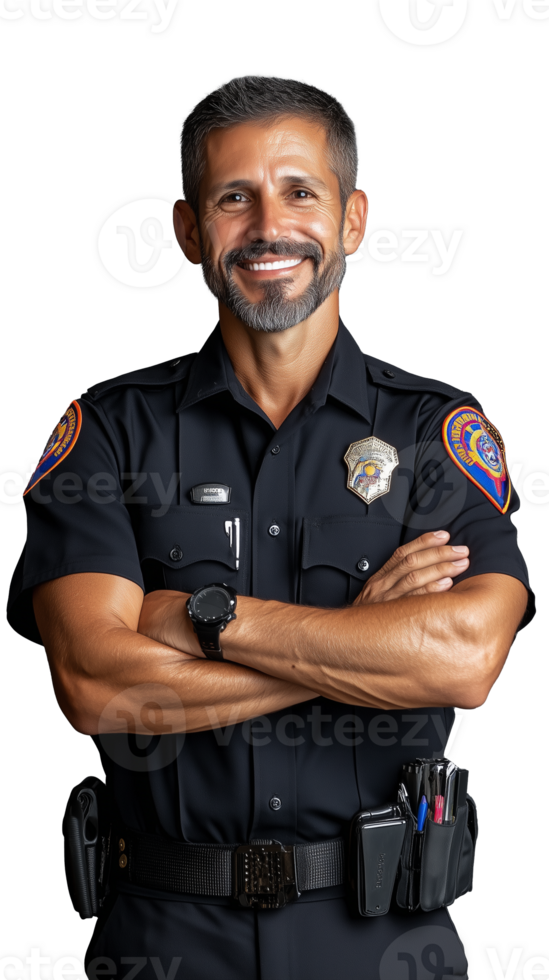 Smiling male police officer with arms crossed on transparent background, professional and confident png