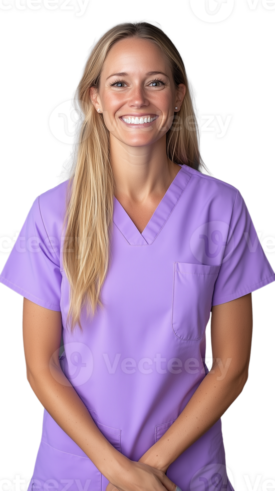 Happy female nurse in purple scrubs smiling on transparent background, cheerful and professional pose png