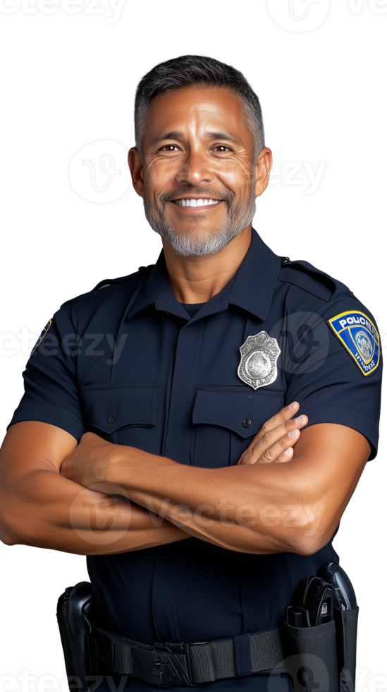 Smiling male police officer with arms crossed on transparent background, professional and confident png
