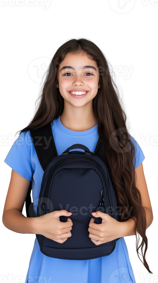 Smiling girl with backpack posing confidently on transparent background, happy school student expression png