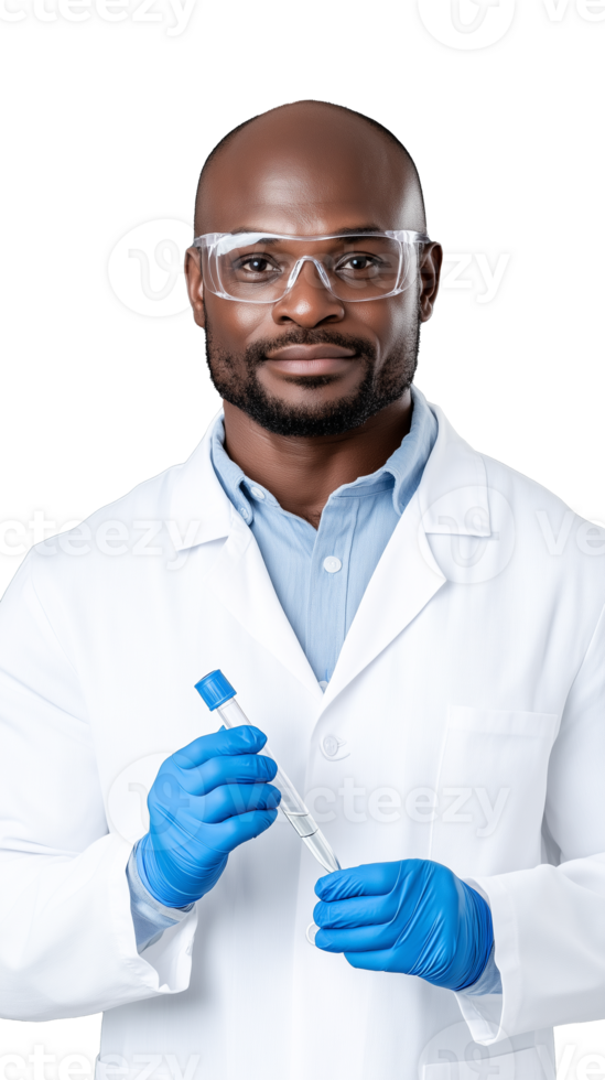 Male doctor in white coat with syringe on transparent background, confident medical professional png