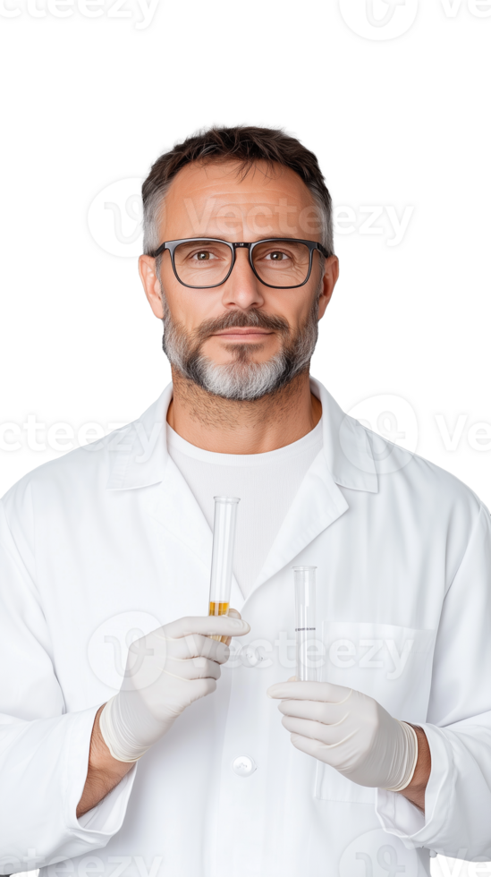 Serious male doctor in white coat holding syringe on transparent background, confident and focused png