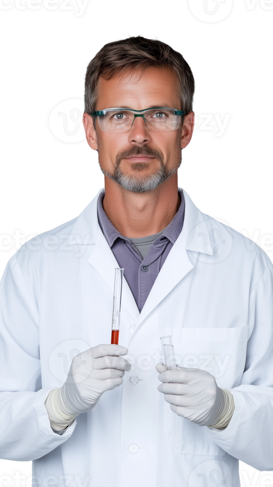 Focused male doctor in white coat holding vial on transparent background, professional and serious look png