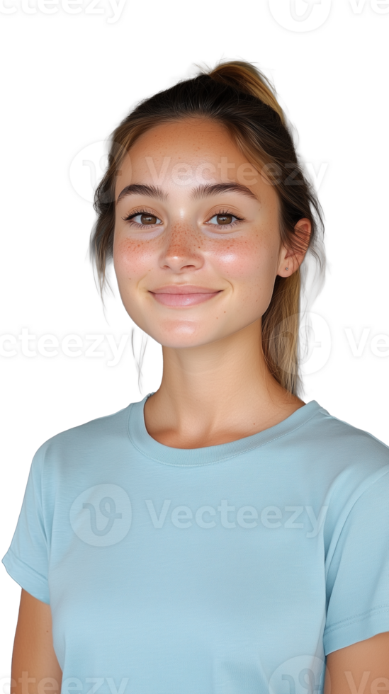souriant Jeune femme dans lumière bleu chemise sur transparent arrière-plan, de bonne humeur et décontractée Regardez png