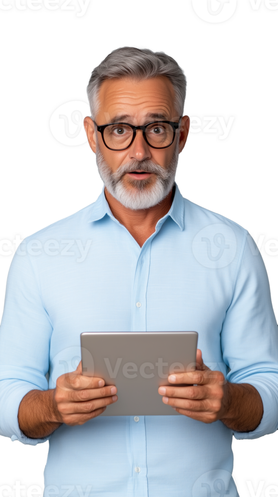 Serious older man holding tablet on transparent background, focused and professional expression png