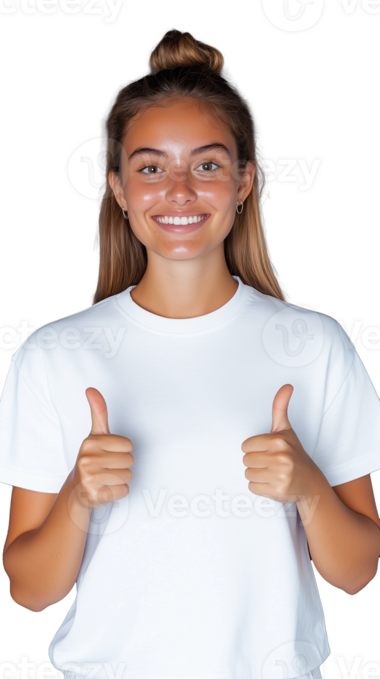 Smiling woman giving thumbs up in white shirt on transparent background, confident and cheerful expression png