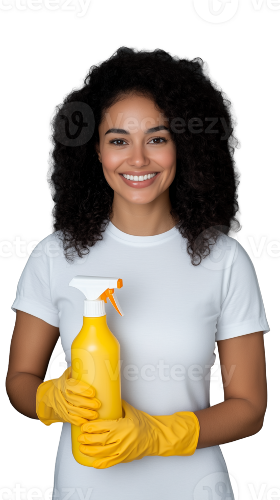 Smiling woman holding cleaning spray wearing yellow gloves on transparent background, confident and cheerful look png