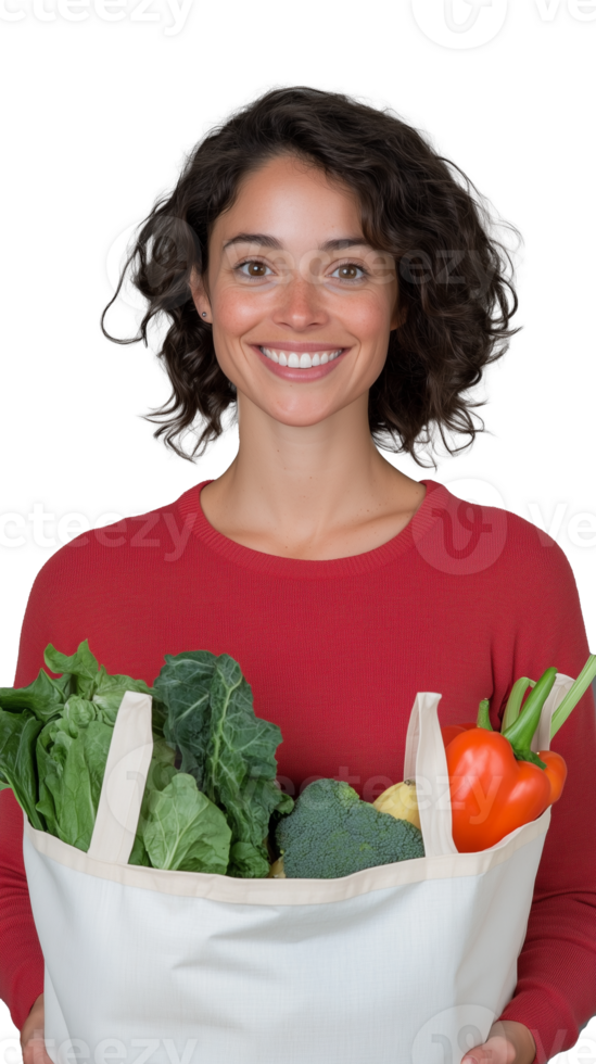 Smiling woman holding grocery bag full of vegetables on transparent background, healthy lifestyle concept png