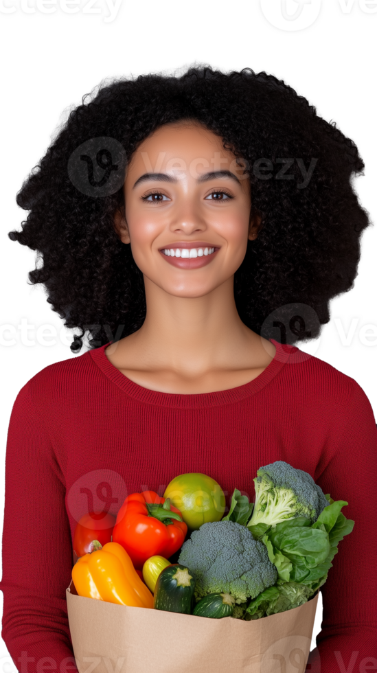 Smiling woman holding a grocery bag filled with fresh vegetables on transparent background, healthy lifestyle concept png