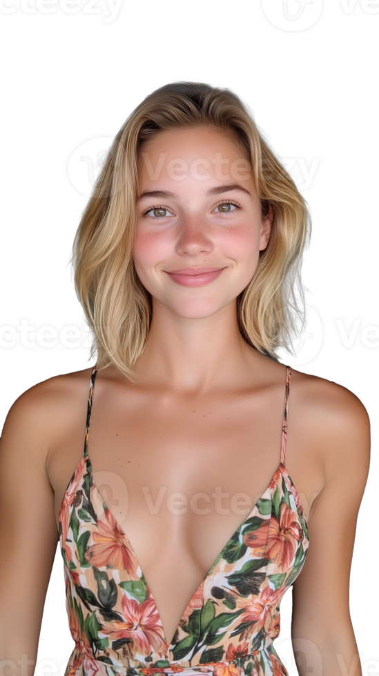 Smiling young woman wearing floral dress on transparent background, casual and stylish look png