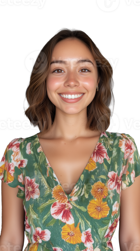 Smiling woman in floral dress on transparent background, casual and cheerful look png
