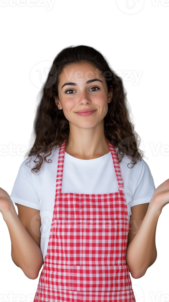 Smiling woman wearing red gingham apron on transparent background, casual cooking look png