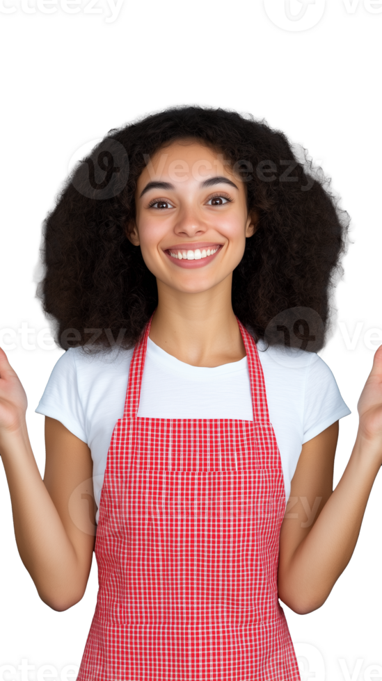 Smiling woman in red checkered apron on transparent background, cheerful cooking style png