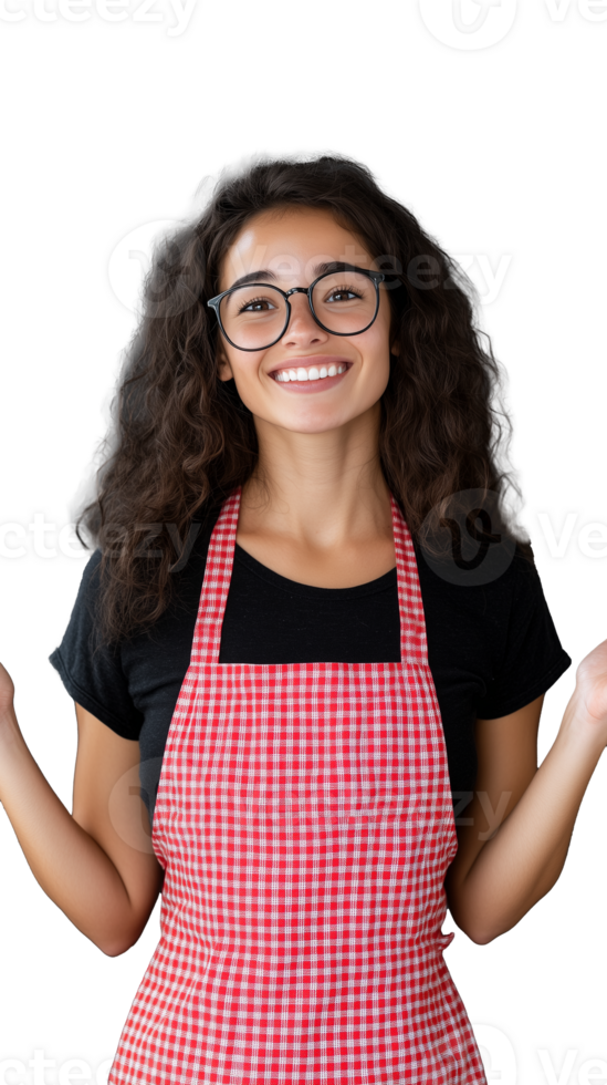 Smiling woman with curly hair in red checkered apron on transparent background, cheerful kitchen style png