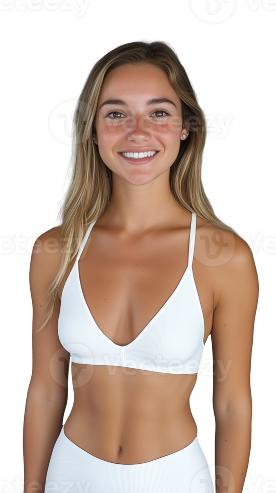 Happy woman in white bikini on transparent background, summer and swimwear look png