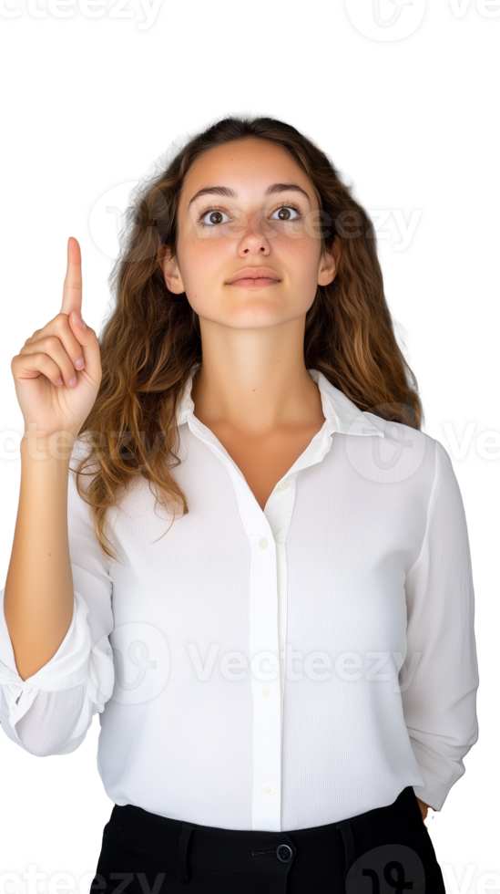 Woman pointing up while wearing white shirt on transparent background, thoughtful and focused look png