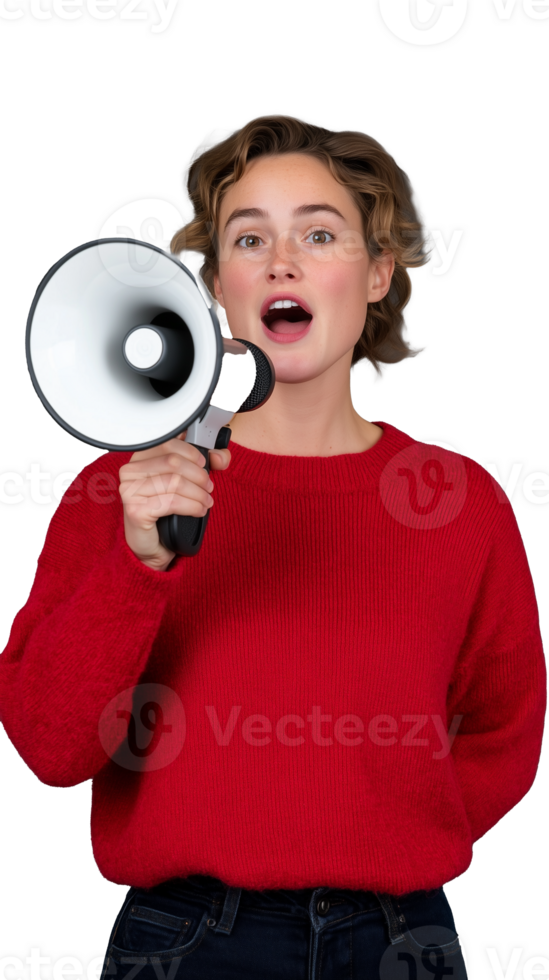 Woman shouting into a megaphone on transparent background, bold and energetic look png