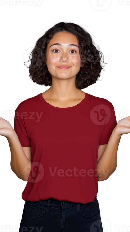Woman in red shrugging on transparent background, casual and uncertain look png