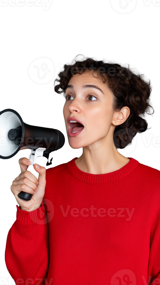 Woman using megaphone on transparent background, assertive and confident look png