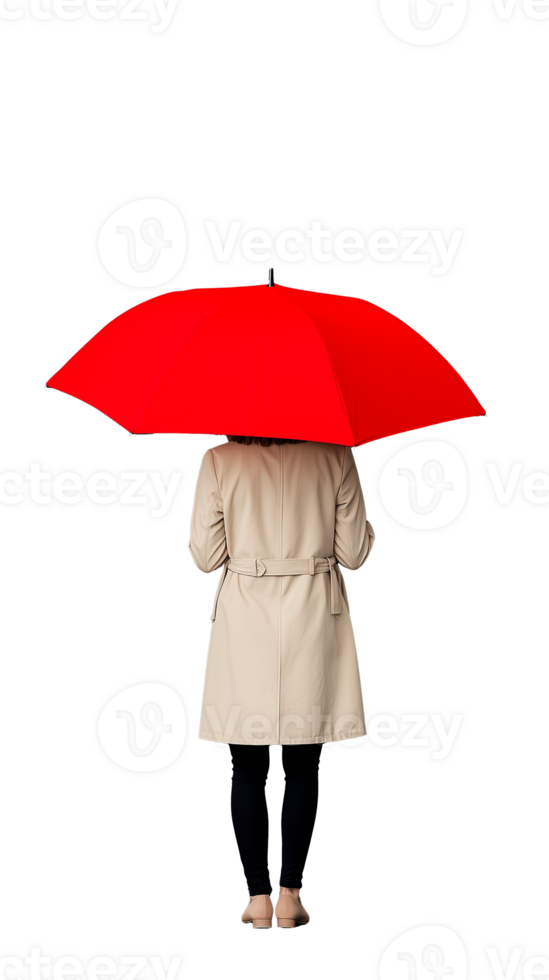 Woman holding red umbrella facing away in beige trench coat on transparent background, stylish and rainy day png
