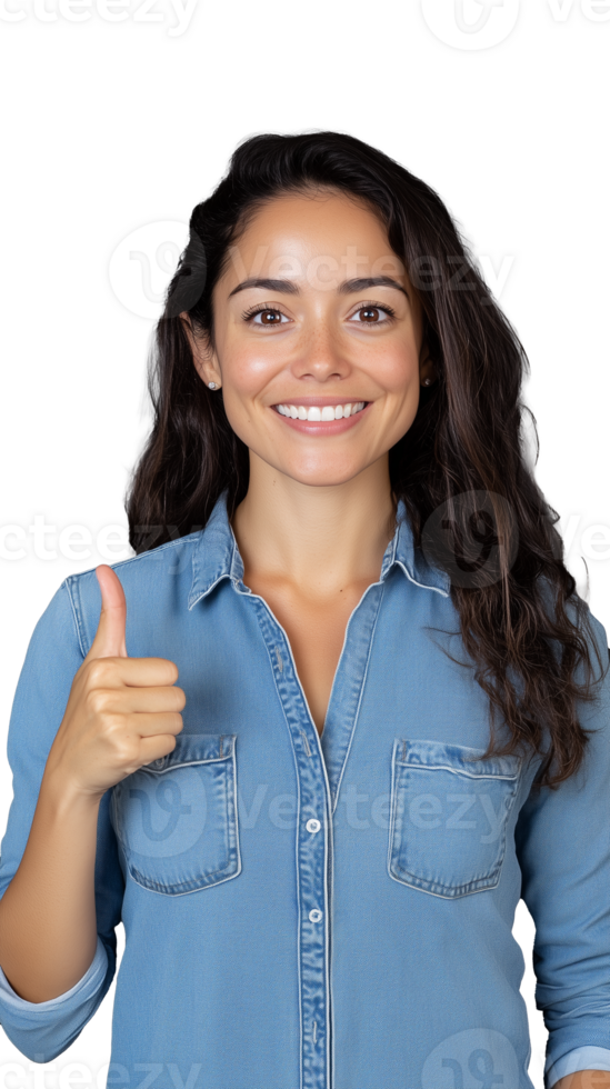 Smiling woman giving a thumbs up on transparent background, casual and confident look png