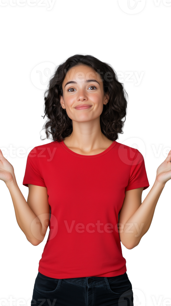 Woman shrugging in red t-shirt on transparent background, casual and carefree look png