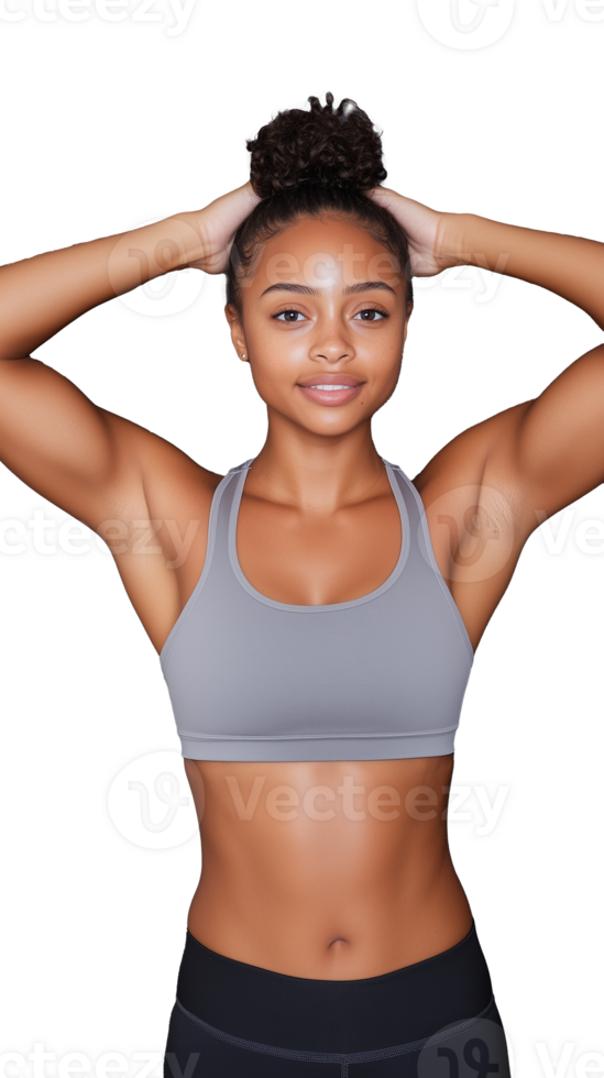 Fit woman in sports bra posing with arms up on transparent background, confident and athletic png