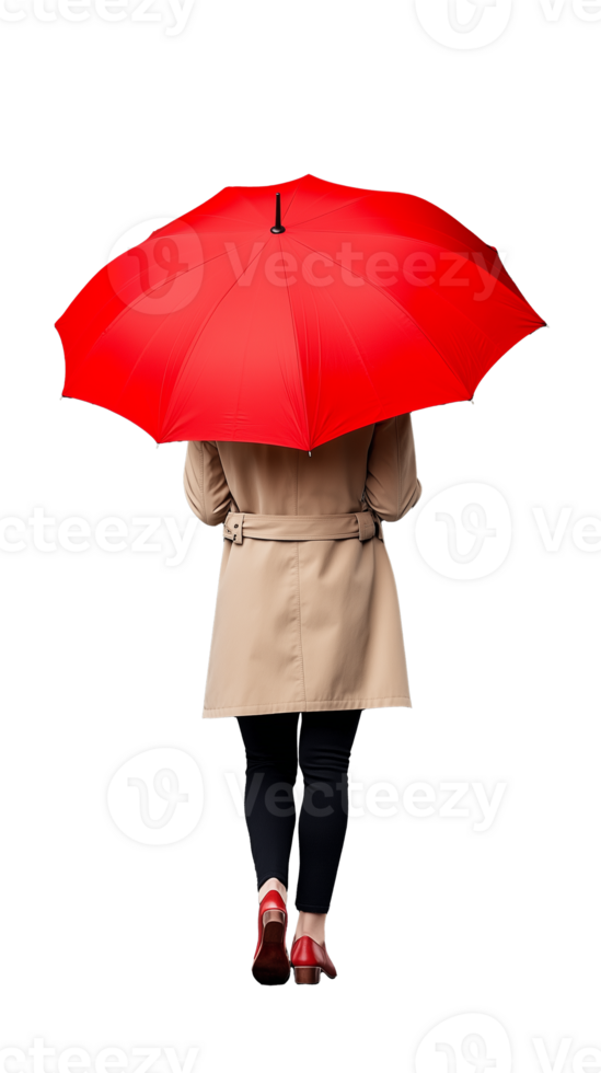 Woman in beige coat holding a red umbrella on transparent background, back view in rainy weather png