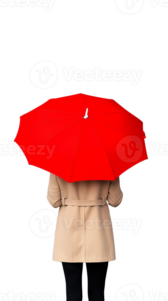 Woman in trench coat with red umbrella on transparent background, back view, autumn fashion png
