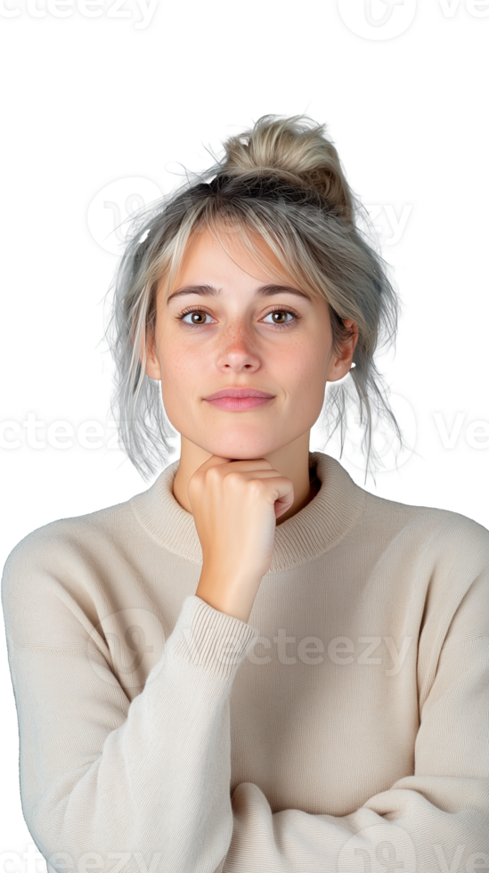 Thoughtful woman in beige sweater posing on transparent background, casual and stylish look png