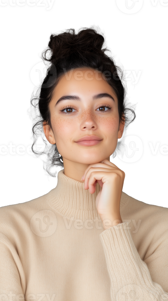Young woman in beige turtleneck sweater posing on transparent background, stylish and elegant look png