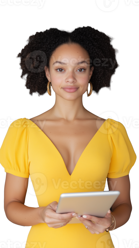 Woman in yellow dress holding a tablet on transparent background, confident and professional png