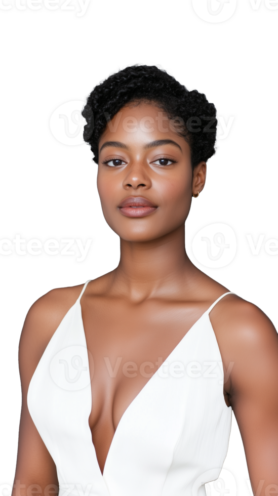 Confident woman in white dress on transparent background, elegant and stylish look png