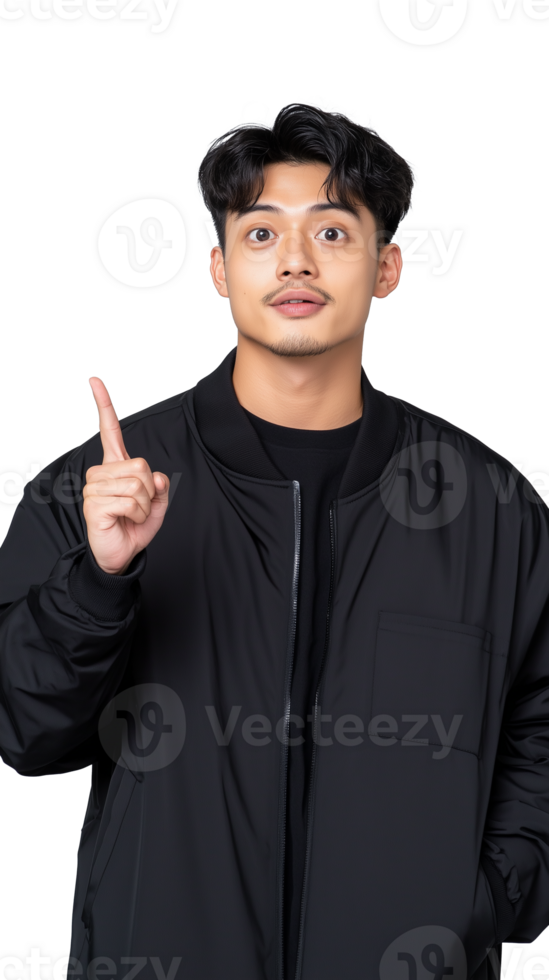 Surprised man in black jacket pointing upwards on transparent background png
