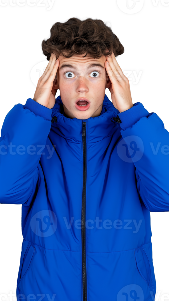 Surprised boy in blue jacket with shocked expression on transparent background png