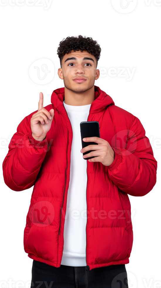 Teen boy in red jacket holding smartphone, gesturing idea on transparent background png