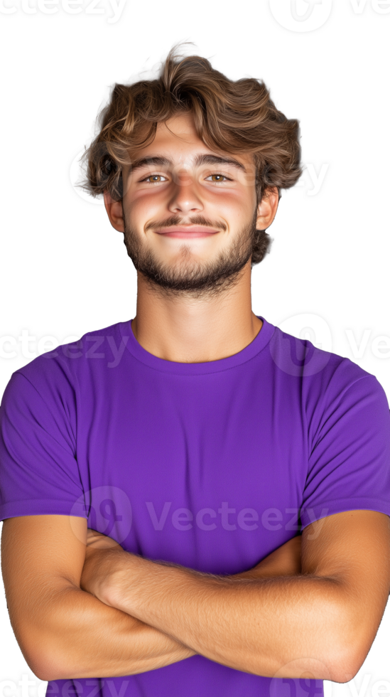 Confident boy in purple t-shirt smiling on transparent background, feeling self-assured png