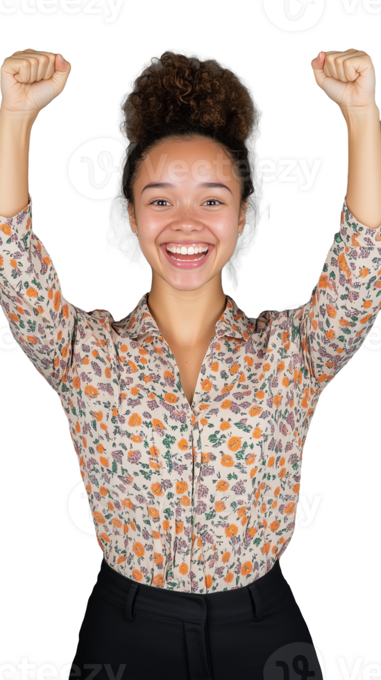 Joyful woman in floral shirt celebrating with raised arms on transparent background png