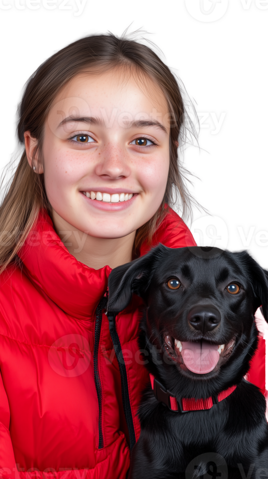 Smiling girl in red puffer jacket with her black dog on transparent background png