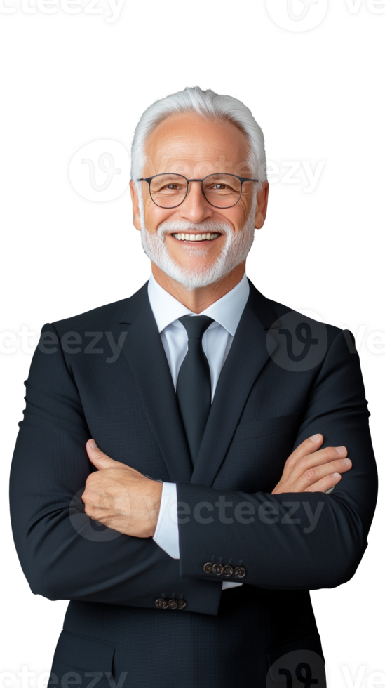 Senior businessman in suit smiling confidently on transparent background png