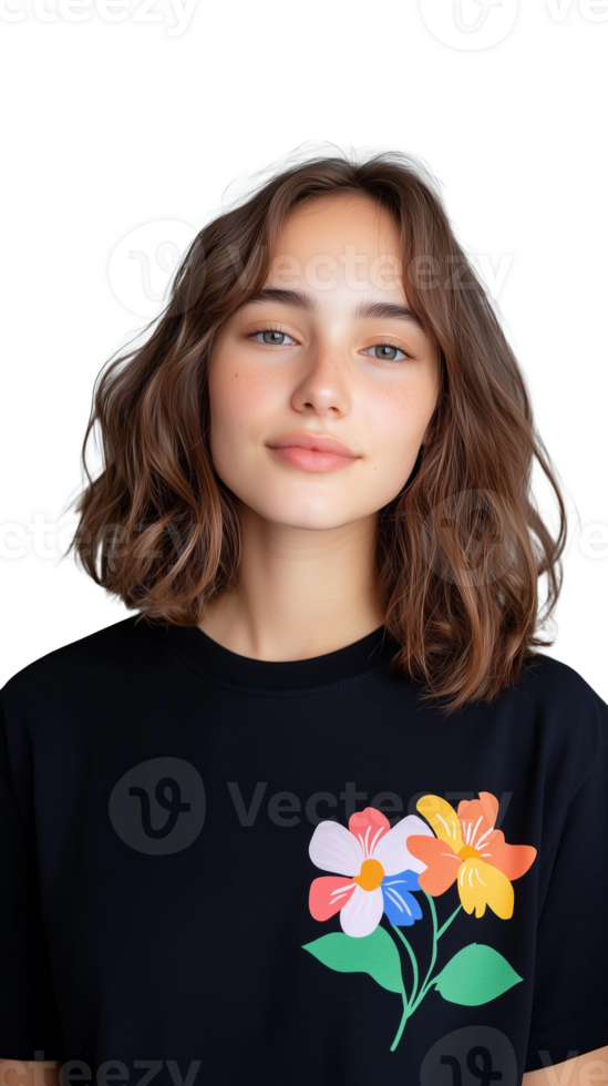 Smiling woman in black t-shirt with flower print on transparent background png
