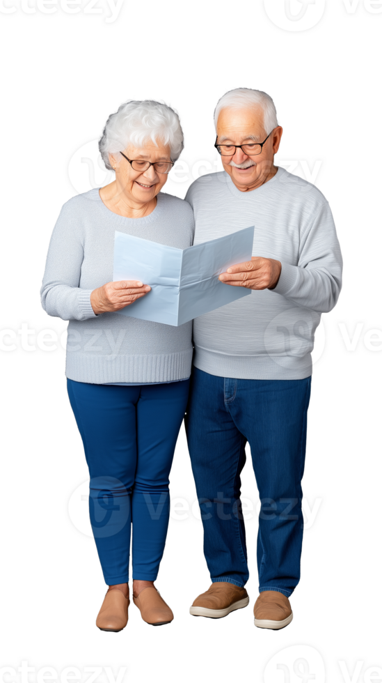 Happy senior couple reading paper together on transparent background png