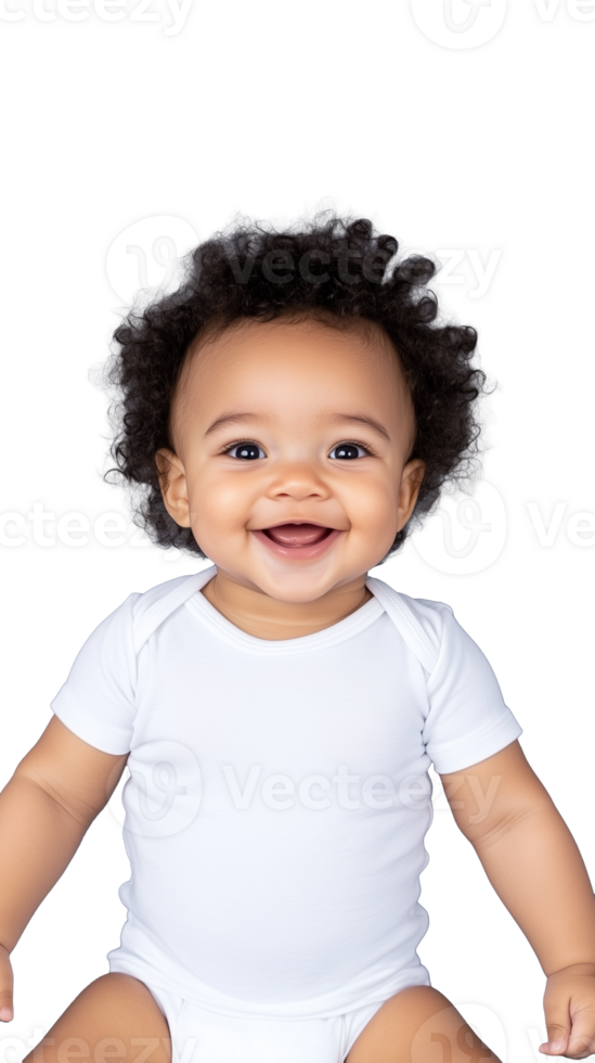 Smiling curly-haired baby wearing white t-shirt on transparent background, looking at camera png