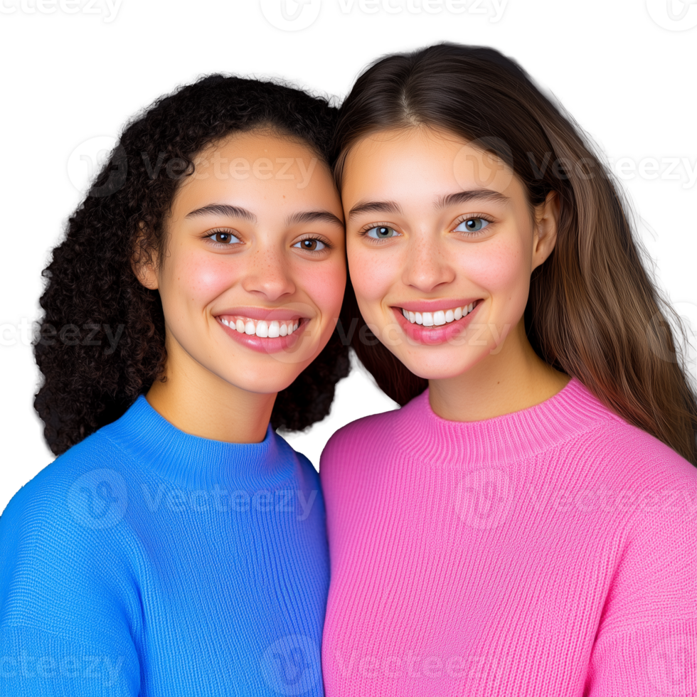 Two happy young women in colorful sweaters posing together on transparent background png