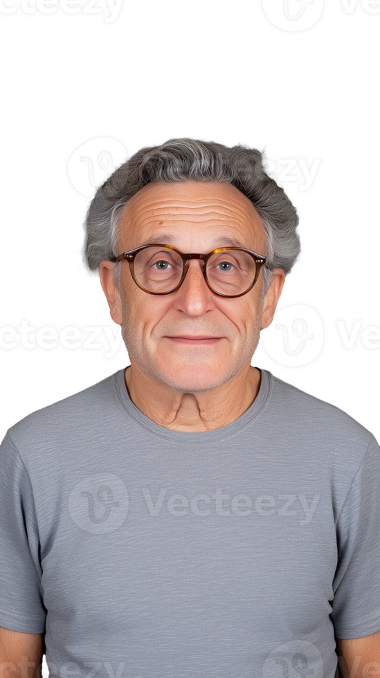 Elderly man with glasses standing in casual gray shirt on transparent background png