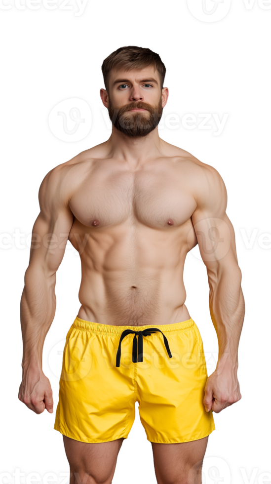 Muscular bearded man wearing yellow shorts posing on transparent background png